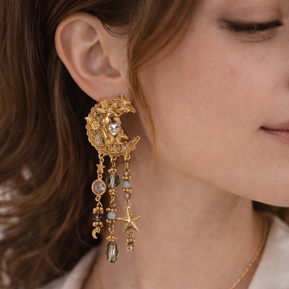 Vintage Antique Victorian Celestial Moon Dragon Earrings - Picture 6 of 7